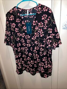 Black V-Neck Floral Tunic Top - Pink Blossom Print By ANYALLY 3X NEW